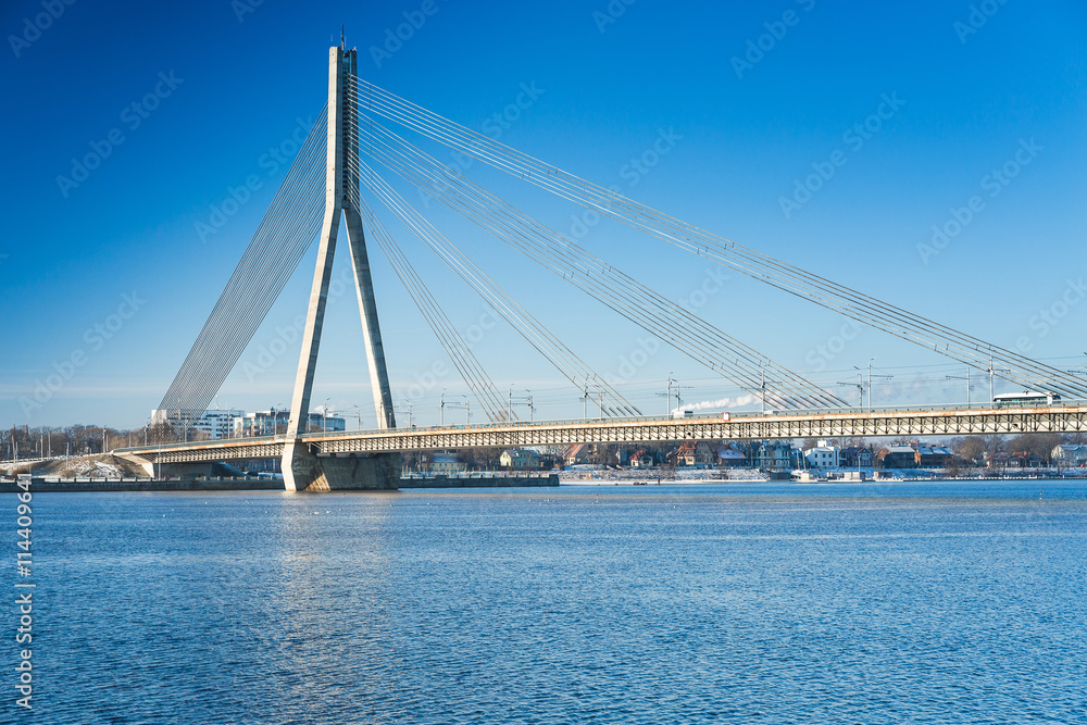 A view of the Vansu bridge over Daugava River in Riga, Latvia