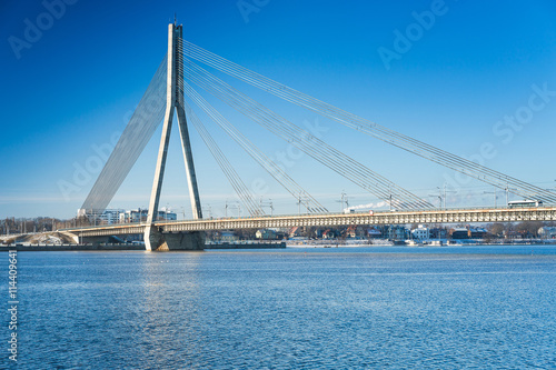 A view of the Vansu bridge over Daugava River in Riga, Latvia