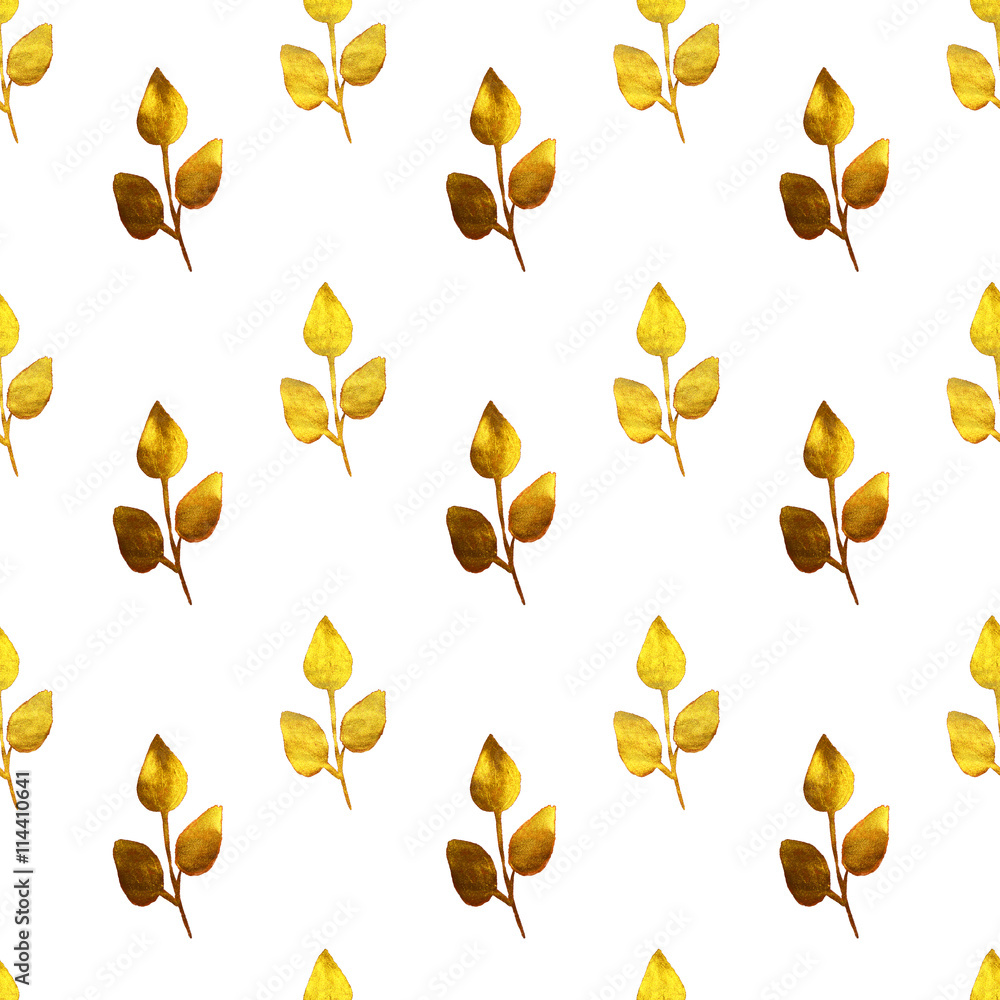 Naklejka Bezszwowy wzór z ręcznie malowany złotymi gałąź z liśćmi