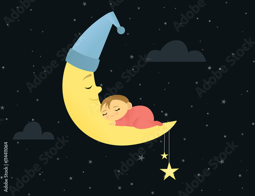 Baby peacefully sleeping on a crescent moon