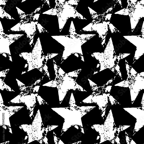 Black and white worn grunge stars seamless pattern, vector