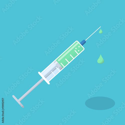 Syringe icon and drops with medications in flat design
