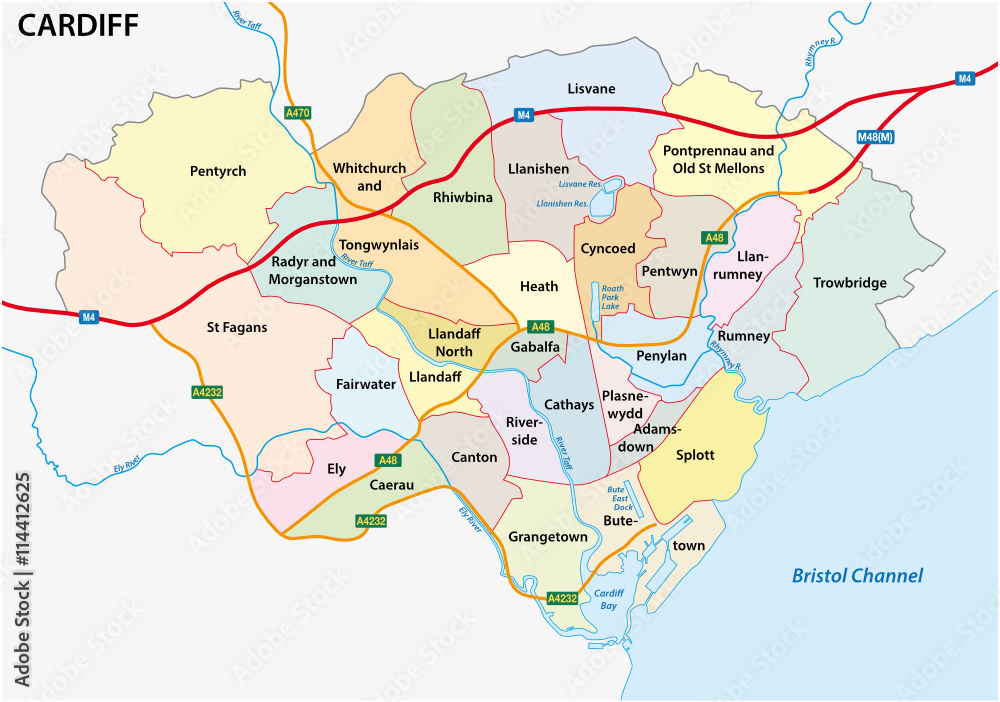 administrative and political vector map of the Welsh capital Cardiff