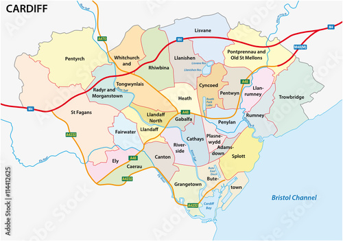 administrative and political vector map of the Welsh capital Cardiff