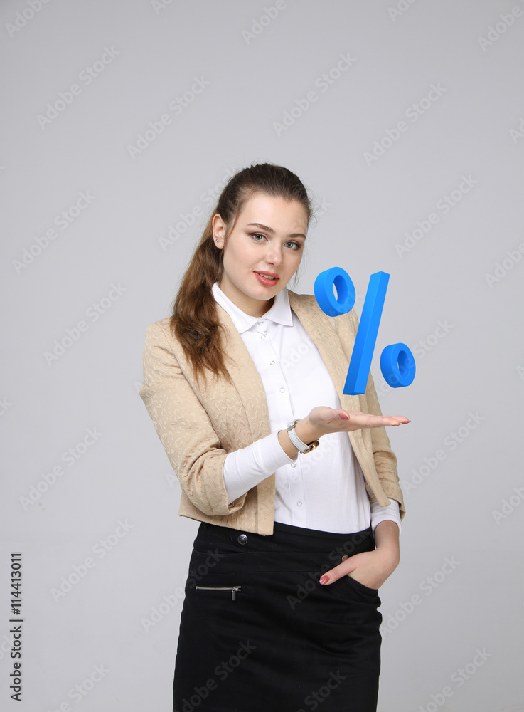 Woman showing symbol of percent. Bank Deposit or Sale concept. Woman showing symbol of percent. Bank Deposit or Sale concept.