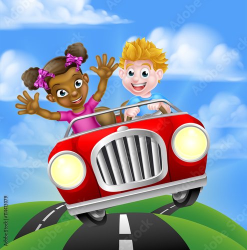 Cartoon Girl and Boy Drivin...