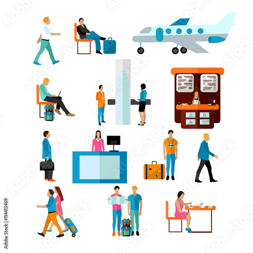 Vector set of people in airport isolated on white background. Icons and design elements