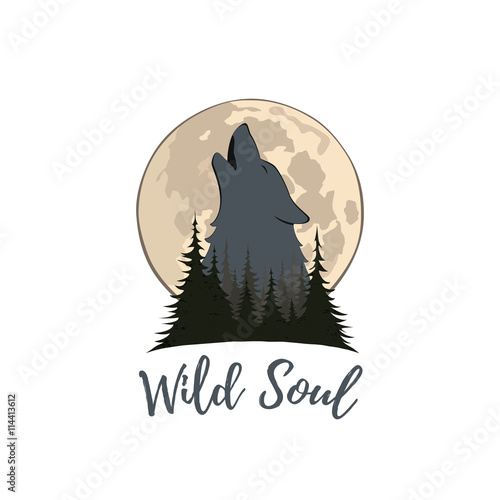 Wolf howling on the moon in the forest.