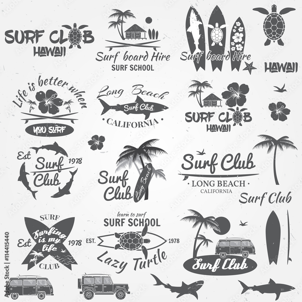 Set of retro vintage badges and labels. For web design, mobile and application interface, also useful for infographics. Surf club and surf school design. Vector illustration. - obrazy, fototapety, plakaty 
