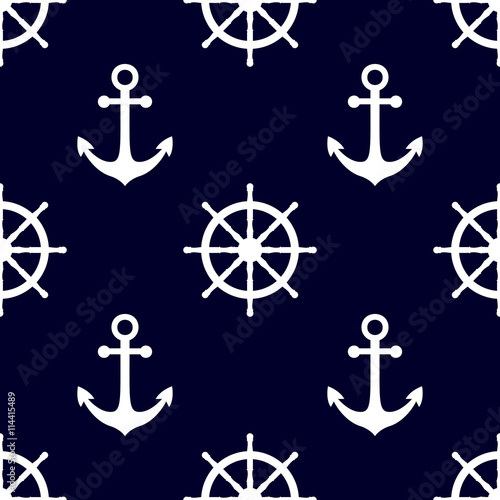 Marine background in navy blue and white colors. Sea theme. Cute seamless pattern