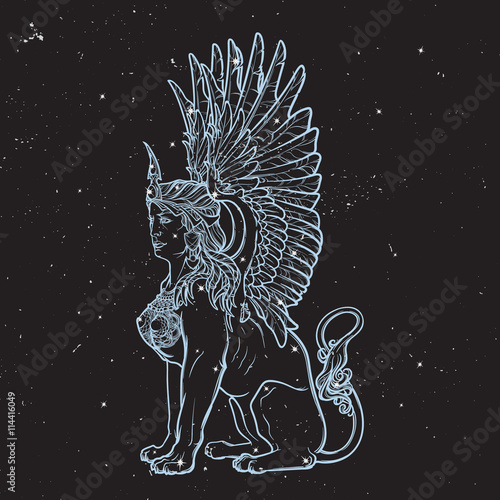 Sketch drawing of sitting sphinx. Night sky background.
