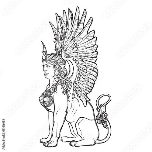 Sketch drawing of sitting sphinx isolated on white background.