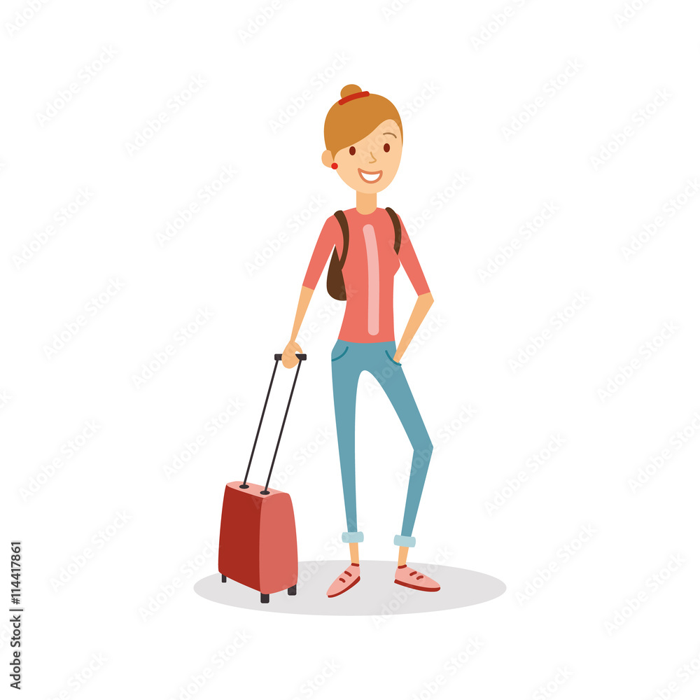 Travel people cartoon. Happy girl with hand luggage ready to go on a journey.