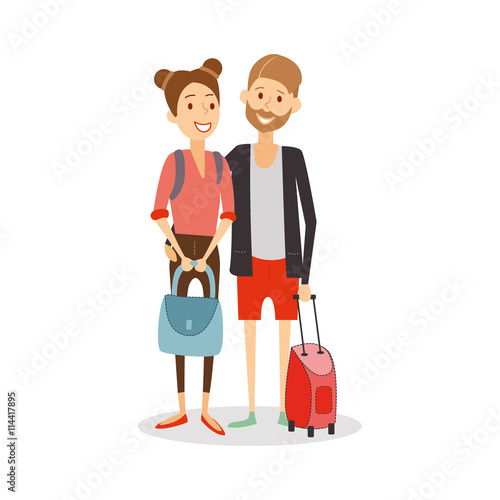 Married couple on journey. Young happy newlyweds go on vacation, travel people cartoon isolated