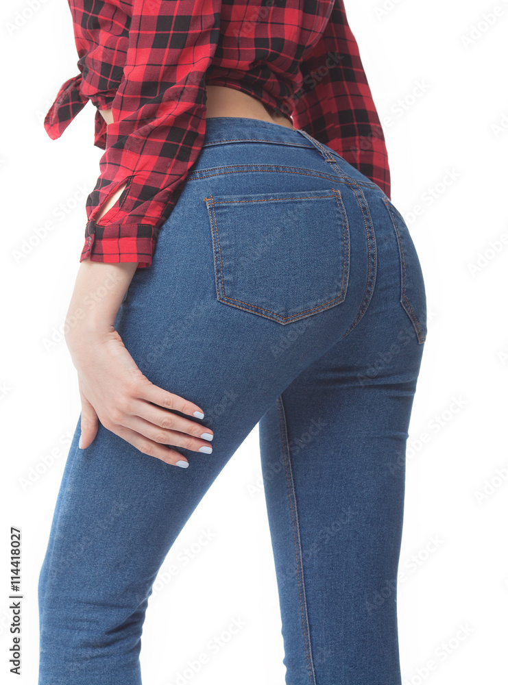 Fit female butt in blue jeans, isolated on white. Slim body. Pretty sexy  woman model with amazing body. Hot buttocks. Stock 写真 | Adobe Stock