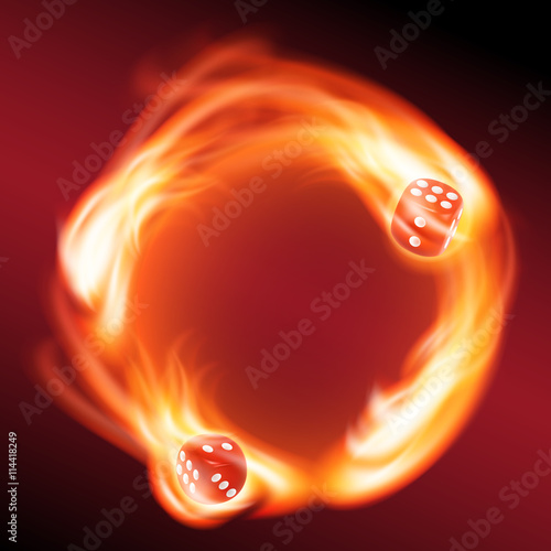 Circling two red dice in fire.
