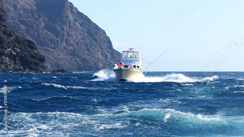 Fotografía Fishing boat on the waves near the rocks