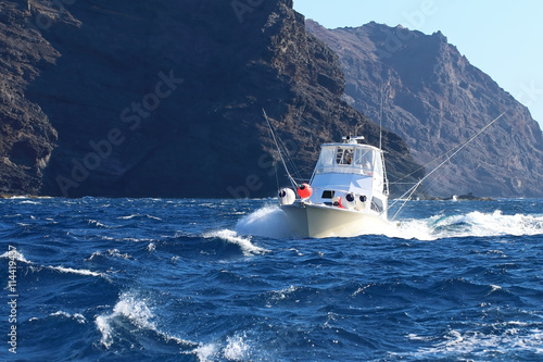 Fishing yacht on the waves near the rocks