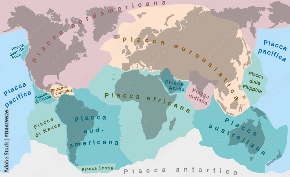 Tectonic Plates - ITALIAN LABELING! - world map with major an minor plates - vector illustration.