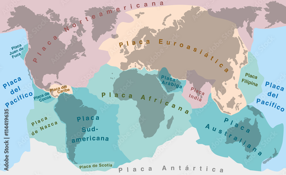 Tectonic Plates - SPANISH TEXT! - world map with major an minor plates - vector illustration.