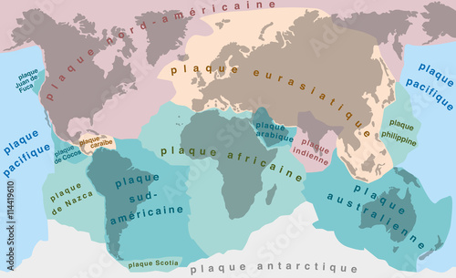 Tectonic Plates - FRENCH TERMS! - world map with major an minor plates - vector illustration.