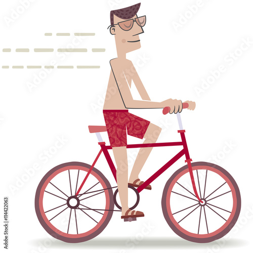 Man cycling in swimsuit. Retro style illustration of a man riding a bicycle going to the beach in swimsuit.