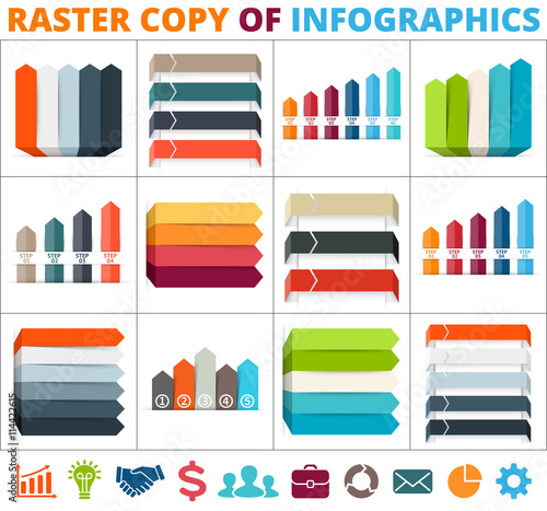 Arrows infographic, diagram, graph, presentation, chart. Business concept with 3, 4, 5, 6 options, parts, steps, processes. Info graphic growth data lines template. Raster copy.