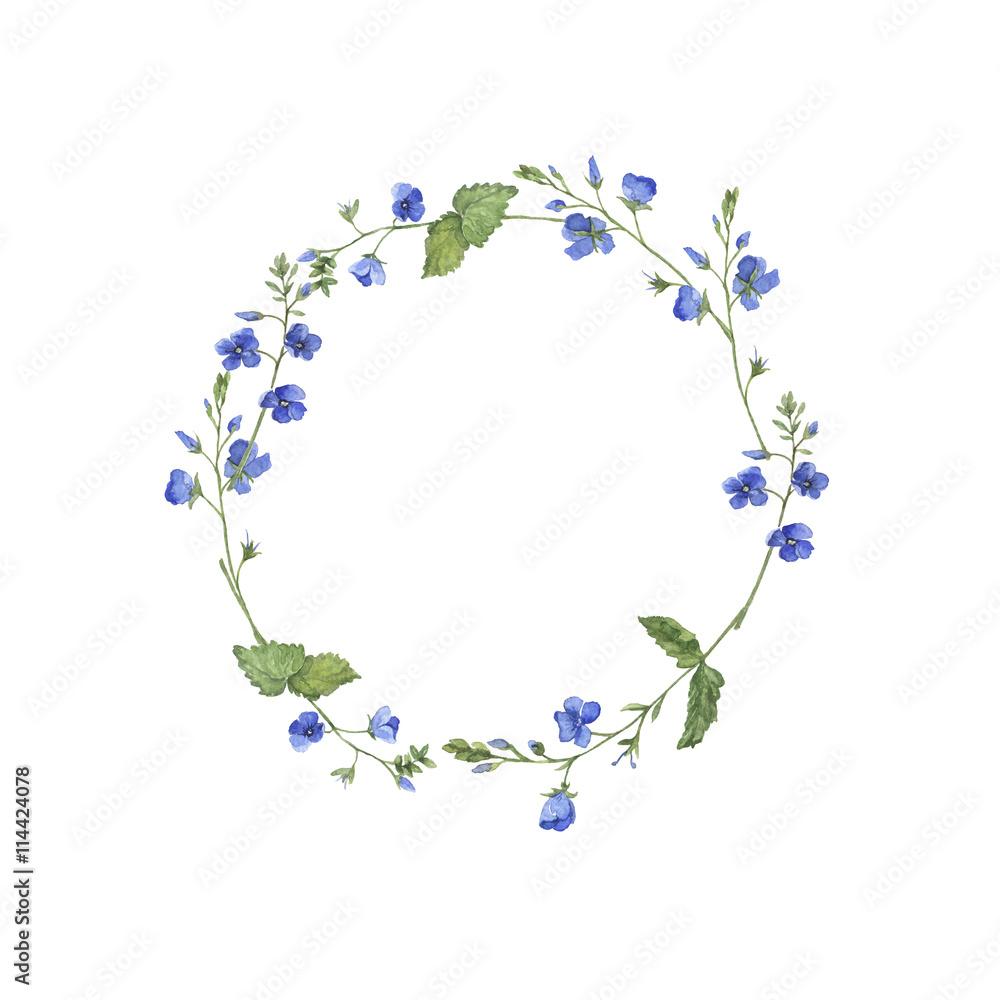 Blue flowers garland. Greeting card. Invitation. Forget me not blooming. Hand drawn watercolor illustration.