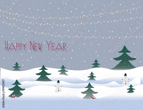 Happy New Year card with snow and lights. Vector