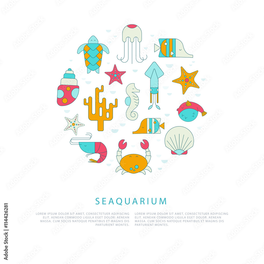 Vector template of seaquarium flyers with sea creatures.