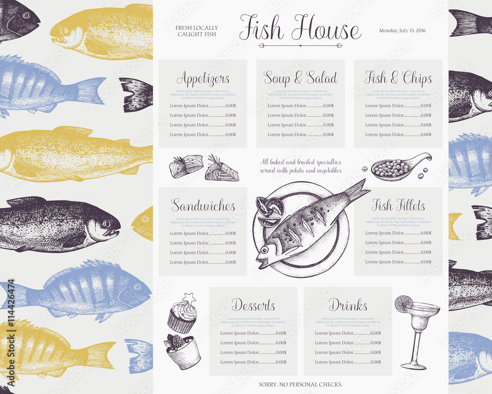 Fish restaurant menu design. Vintage seafood illustration.Vector