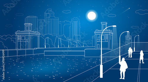Gateways, night city embankment, people walk, city infrastructure, vector design art