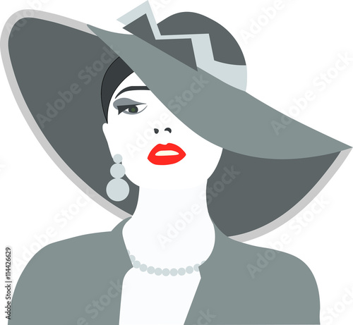 Beautiful Elegant Lady with red lips and hat. Vector