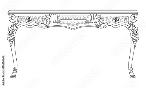 Baroque style table with engraved ornaments. Vector sketch