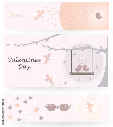 Valentine's day card Cupid Angels, hearts and birds. Vector