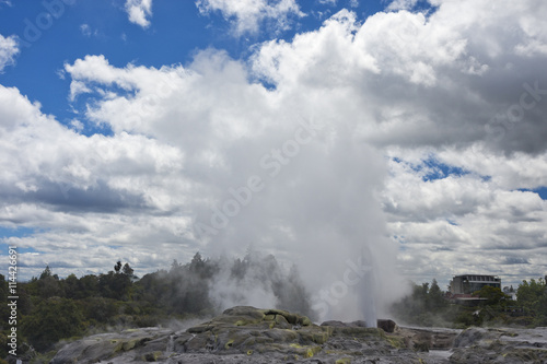 Steam clouds after the eruption of the Pohutu Geyser.