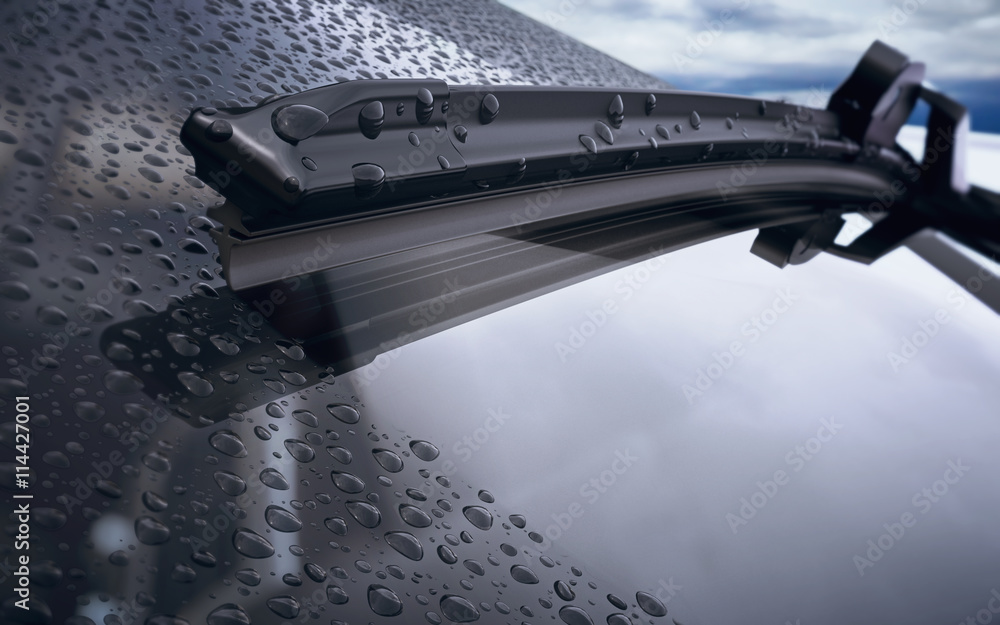 Car windshield with rain drops and frameless wiper blade closeup. 3d render - obrazy, fototapety, plakaty 