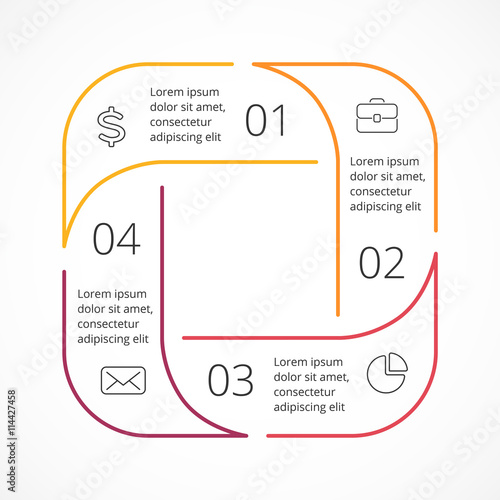 Vector circle linear arrows infographic, square diagram, graph, flat minimal presentation, chart. Business cycle concept with 4 options, parts, steps, processes. Info graphic data template.