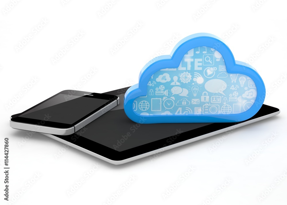 tablet pc, smart phone and cloud. 3d rendering. tablet pc, smart phone and cloud. 3d rendering.