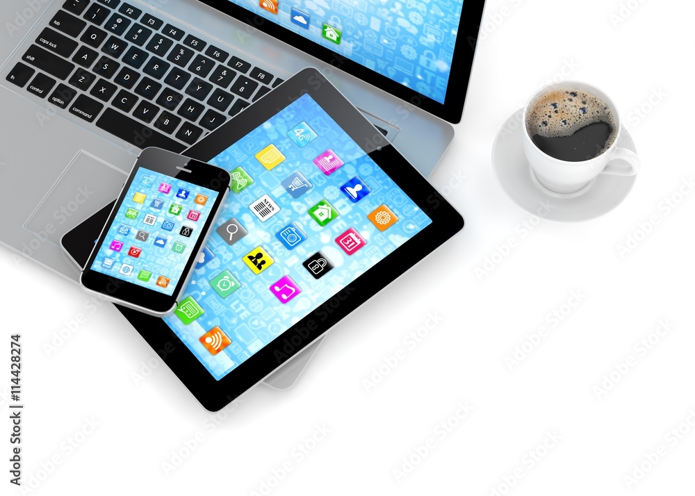 Laptop, phone, tablet pc and coffee. 3d rendering. Laptop, phone, tablet pc and coffee. 3d rendering.