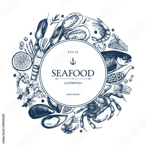 Vector frame with hand drawn seafood illustration - fresh fish, lobster, crab, oyster, mussel, squid and spice. Decorative card or flyer design with sea food sketch. Vintage menu template. photo