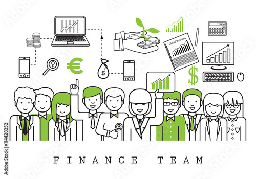 Finance Team-On White Background-Vector Illustration, Graphic Design.Business Content For Web,Websites,Magazine Page,Print,Presentation Templates And Promotional Materials.Businesspeople Thin Line
