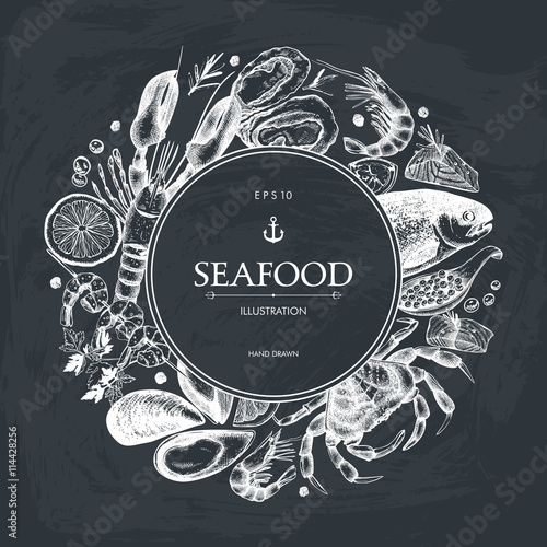 Vector Seafood card design. Hand drawn sea food frame with fresh fish, lobster, crab, oyster, mussel, squid and spice. Vintage fish dishes illustration on chalkboard