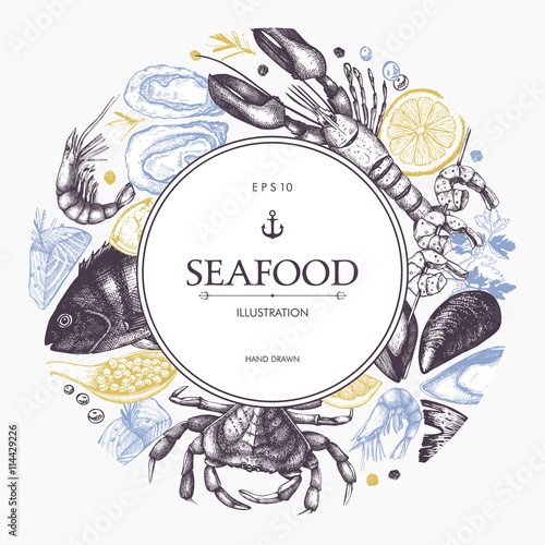 Vector frame with hand drawn seafood illustration - fresh fish, lobster, crab, oyster, mussel, squid and spice. Decorative card or flyer design with sea food sketch. Vintage menu template.