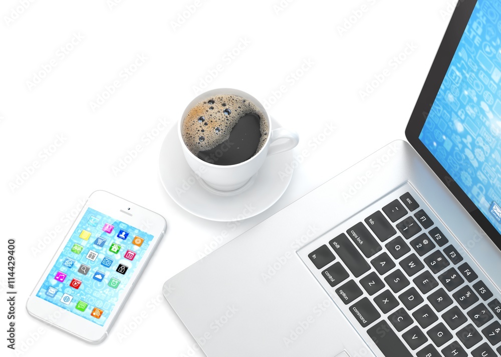 Laptop smartphone and coffee cup on white. 3d rendering. Laptop smartphone and coffee cup on white. 3d rendering.