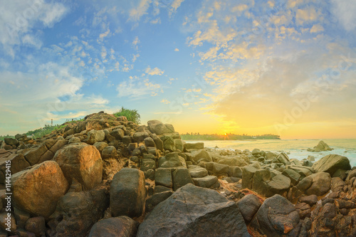 Romantic untouched tropical beach on sunset, Sri Lanka