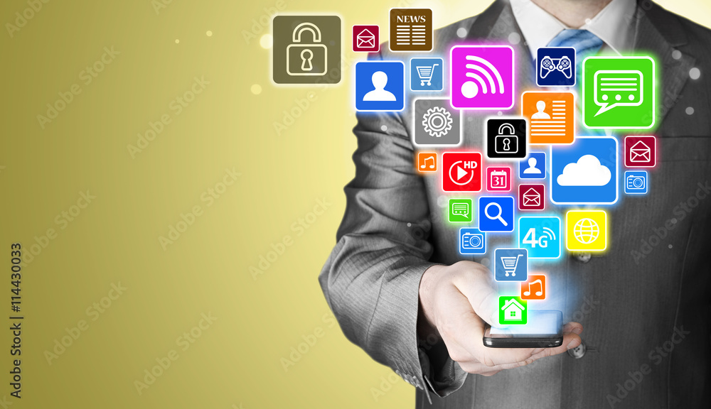 Business man using smart phone with social media icon set Business man using smart phone with social media icon set