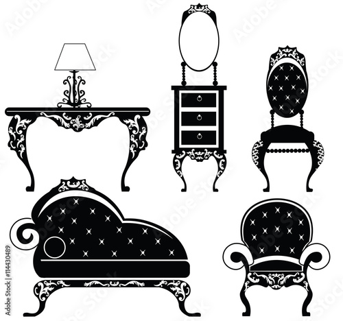 Baroque style furniture set with rich ornaments in black. Vector sketch