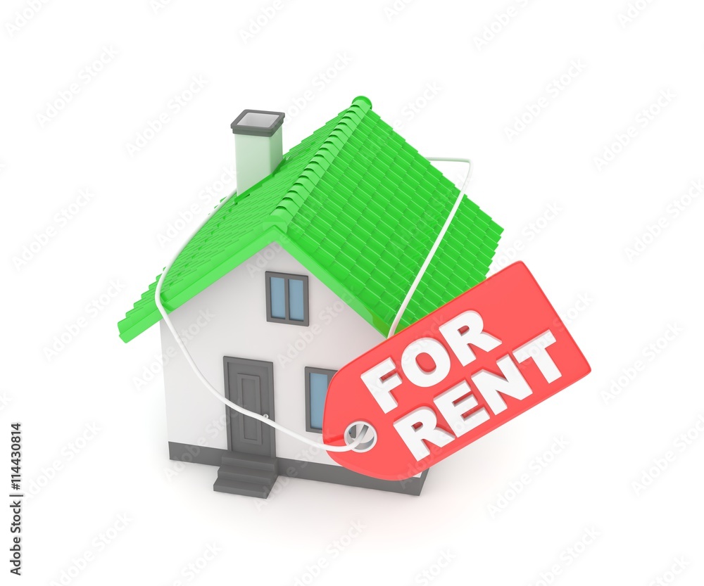 Miniature model of house real estate for rent label on white background. 3D rendering. Miniature model of house real estate for rent label on white background. 3D rendering.