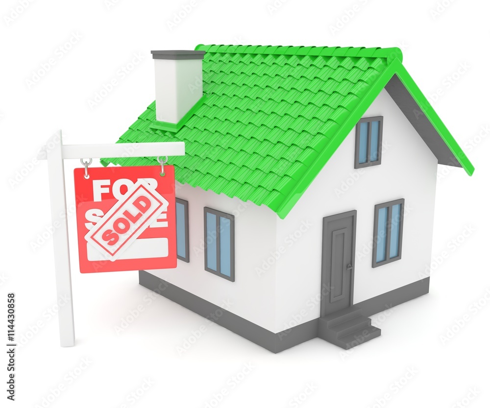 Isolated model of house with sign for sale sold. Concept of real estate, new apartment and moving to a new house. 3D rendering. Isolated model of house with sign for sale sold. Concept of real estate, new apartment and moving to a new house. 3D rendering.